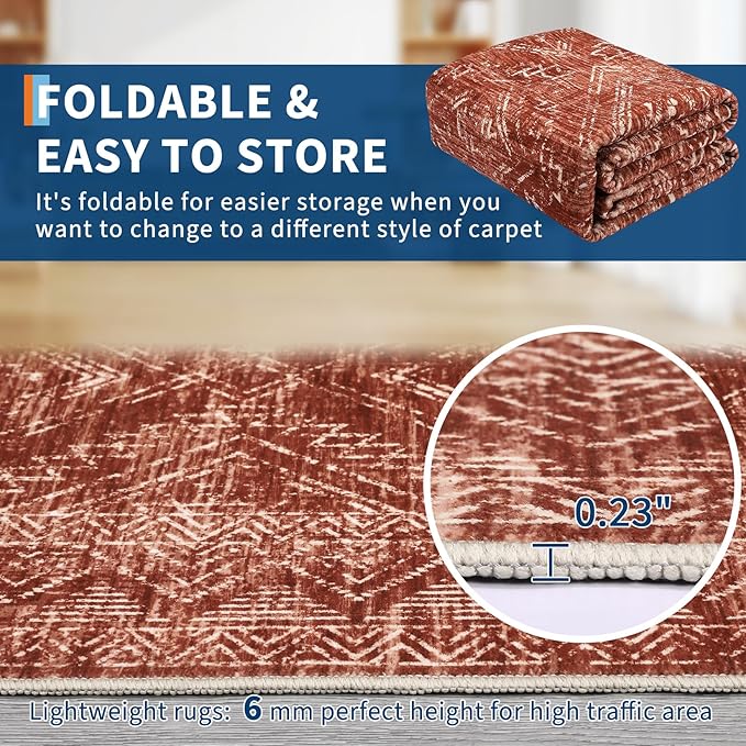 COZYLOOM 2x6 Rug Modern Indoor Area Rug Machine-Washable for Living Room or Hallway Softness Foldable Mat for Easy Storage Geometric Design Non Slip Rug Low Pile Stain Resistant Carpet, Brick Red-CubbioJoy