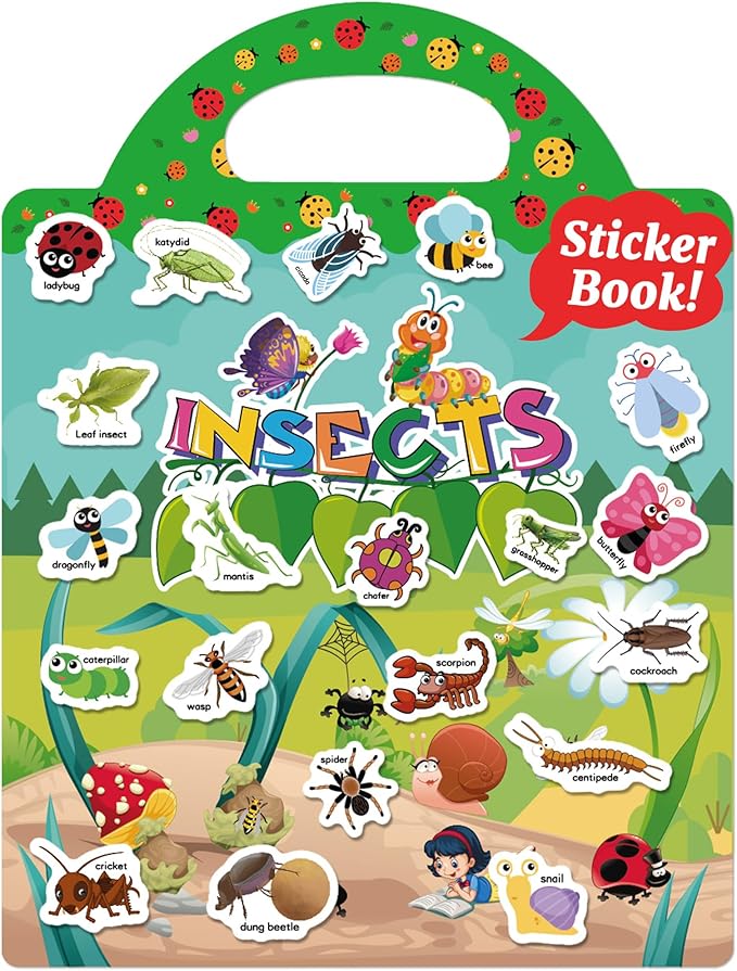 Benresive Reusable Sticker Book for Toddlers 2-4 Years, Fun Travel Stickers for Kids, Waterproof Sticker Books for Toddlers 1-3, Crafts Activities for Todddlers 1-3 2-4 3-5 - Insect-CubbioJoy