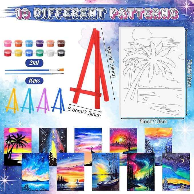 Blosssound 10 Set Pre Printed Canvas Pre Drawn Canvas Painting with Easel Kits 5" x 7" Outline Painting Panels for Beginners, DIY Craft Project, Party Favor, Home Decors(Dream Sky)-CubbioJoy