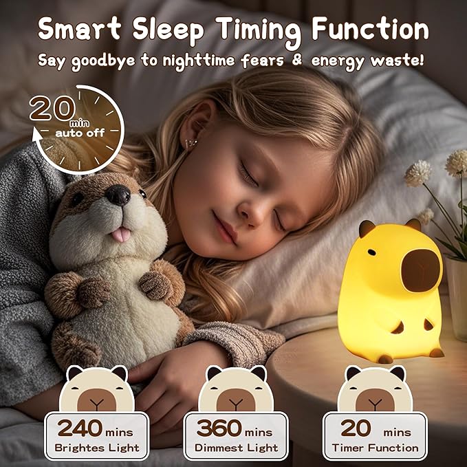 Cute Capybara Night Light, LED Squishy Novelty Animal Night Lamp,2 Levels Dimmable/Timer Nursery Nightlight for Kids, Rechargeable Touch Bedside Lamp, Bedroom/Dorm Decor, Baby Boys Girls Gifts-CubbioJoy