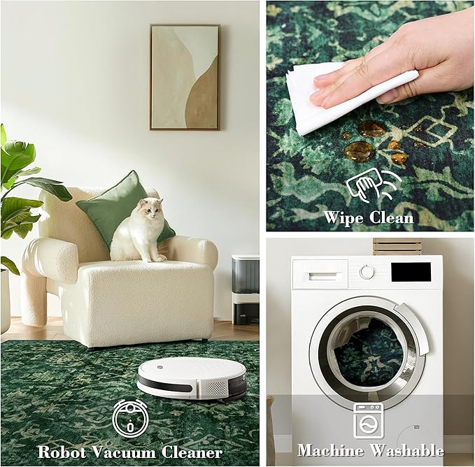 Deerly Dark Green Area Rugs 9x12 for Living Room Soft Non-Slip, Large Bedroom Rug Vintage Dining Room Rug Tribal Farmhouse Carpet for Dining Room Office Green-CubbioJoy