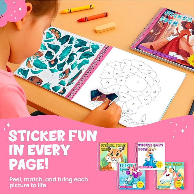 BulbaCraft 4Pcs Sticker Paint Books for Girls - Sticker Books by Number with Mermaids, Princesses, Animals and Horses - Coloring Activity for Kids-CubbioJoy