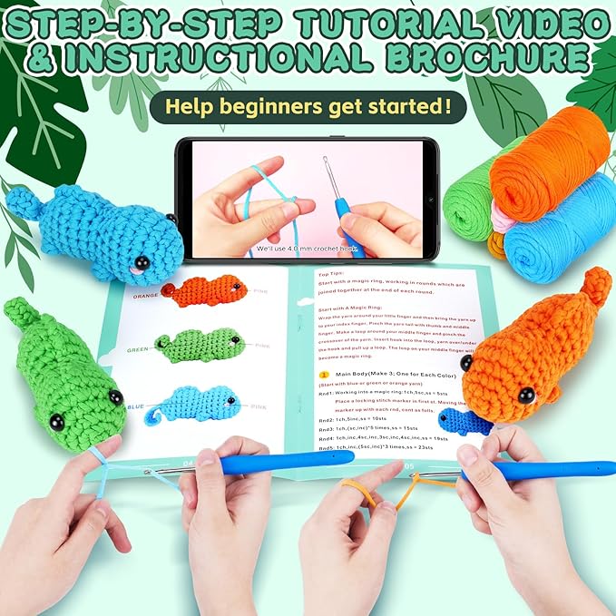 Crochet Kit for Beginners - 3 PCS Baby Chameleon Crochet Kits with Step-by-Step Video Tutorials, Beginner Crochet Kit for Adults Kids, Chameleon Crocheting Set (Orange&Blue&Green)-CubbioJoy