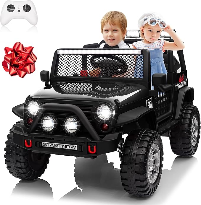 24V 4WD Ride on Truck Car w/800W Motors, Gift Flower, Remote Control, 2 Seaters, Light Bar, 3 Speeds, Pop Music, Power Four Wheels, 24 Volt Ride on Toy Car for Big Kids, Black-CubbioJoy