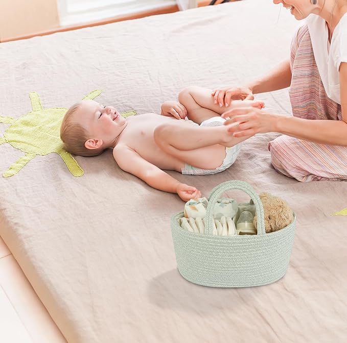Diaper Caddy Organizer Cotton Rope Baby Basket Nursery Storage and Portable Tote Bag for Car Ideal Baby Shower Gifts and Registry Must-Have for Newborn Essentials light green-CubbioJoy