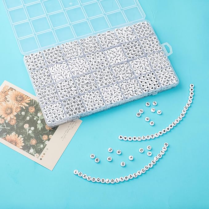 1400pcs Letter Beads, 4x7 mm Acrylic Alphabet Beads, Beads for Jewelry and Bracelet Making, in 28 Grid Box (White and Black)-CubbioJoy