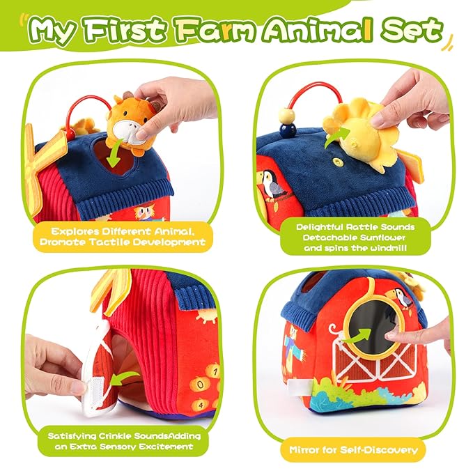 Baby Toys 6-12 Months, Montessori Sensory Toys, My First Farm House Toy with 6 Stuffed Animals,Rotating Windmill & Sunflower Crinkle, Rattle, Fun Mirror Fine Motor Skills Development,Baby Gift-CubbioJoy