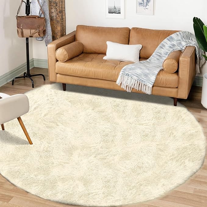 4FT Round Rug for Bedroom: Fluffy Shag Soft Washable Rugs Circle Small Fuzzy Plush Indoor Carpet for Living Room Nursery Playroom Dorm Kids Girls Boys Room (Cream White, 4'x4')-CubbioJoy