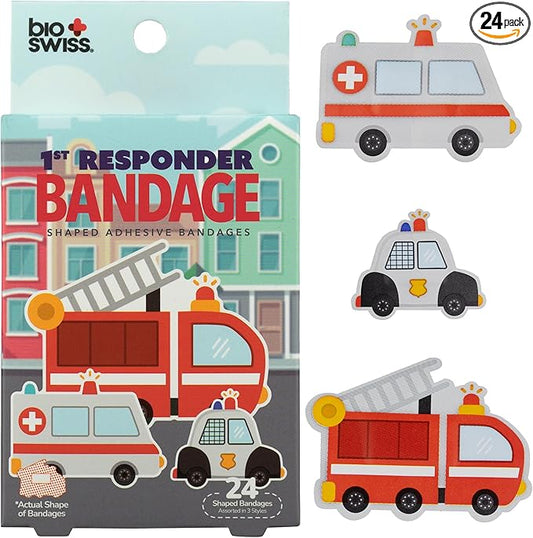 BioSwiss Bandages, First Responders Shaped Self Adhesive Bandage, Latex Free Sterile Wound Care, Fun First Aid Kit Supplies for Kids and Adults, 24 Count-CubbioJoy