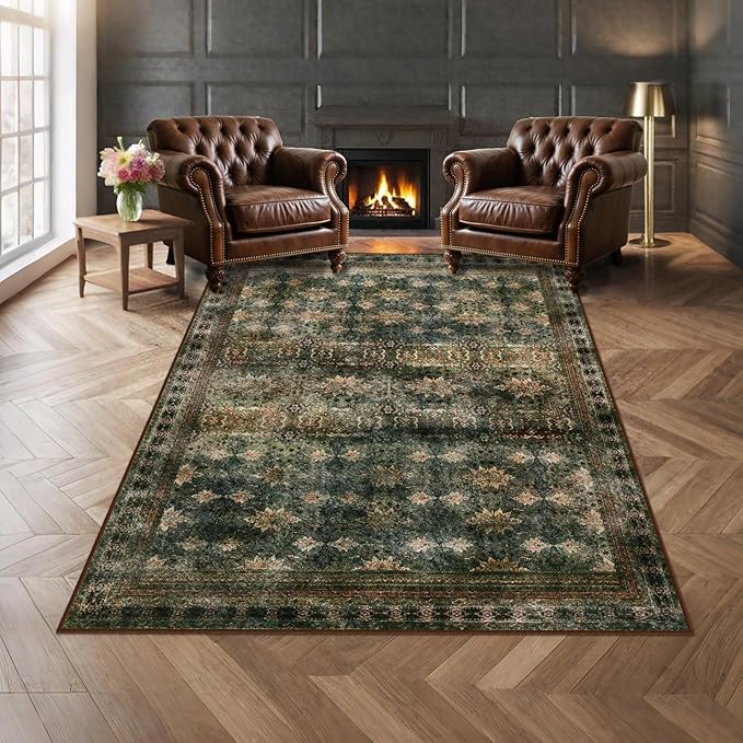 5x7 Washable Area Rug for Living Room Rustic, Non Slip Vintage Floral Bedroom Rugs Retro, Traditional Indoor Floor Carpet for Dining Room, Farmhouse, Office Classroom(Dark Green/Brown/Multi)-CubbioJoy
