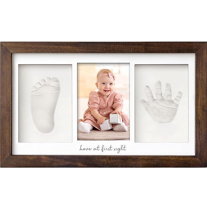 Baby Hand and Footprint Kit - Clay Handprint Keepsake Frame, Newborn Nursery Picture Frame, Personalized New Mom Gifts for Baby Shower & Registry (Dark Walnut)-CubbioJoy