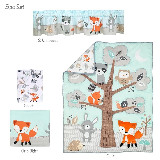 Bedtime Originals Woodland Friends Animals Mint/Gray 5-Piece Crib Bedding Set-CubbioJoy
