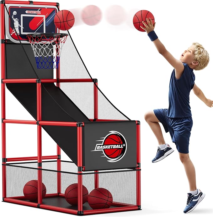 Basketball Arcade Game Indoor Outdoor, Kids Basketball Hoop with 4 Balls & Pump, Single Shot Basketball Game at Home, Carnival Games Sport Toys Gifts for Boys Girls Teens-CubbioJoy