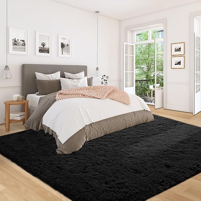 5x8 Area Rug for Living Room: Fluffy Shag Soft Washable Rugs Fuzzy Plush Indoor Carpet for Bedroom Nursery Playroom Dorm Kids Girls Boys Room (Black, 5'x8')-CubbioJoy