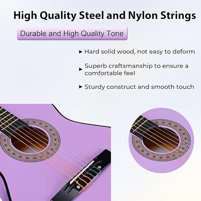 ADM Beginner Acoustic Classical Guitar 38 Inch Nylon Strings Wooden Guitar Bundle Kit for Kid Boy Girl Student Youth Guitarra Online Lessons with Gig Bag, Strap, Tuner, Strings, Purple-CubbioJoy