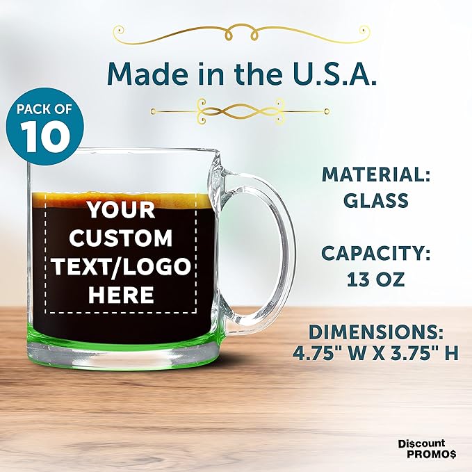 Custom Libbey Clear Glass Coffee Mugs 13 oz. Set of 10, Personalized Bulk Pack - Perfect for Coffee, Tea, Espresso, Hot Cocoa, Other Beverages - Green Bottom-CubbioJoy