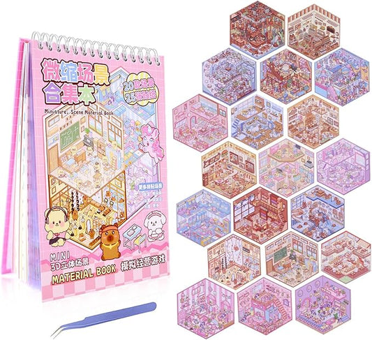 20 Sets DIY 3D Sticker Scenes for Adults with Tweezer, Kawaii 3D House Miniature Sticker Therapy, Make Your Own Mini Room Scene Collection Book for Adult Kids Relief Stress Pass The Time-CubbioJoy
