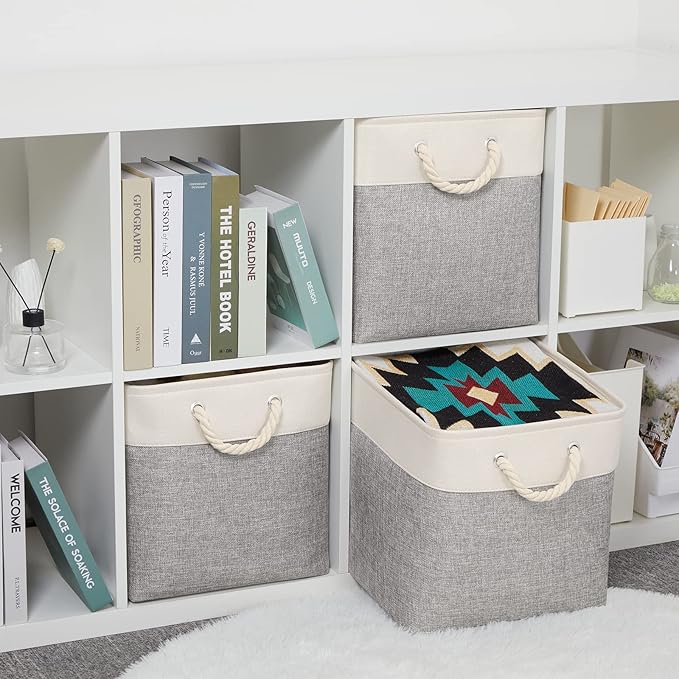Bidtakay Fabric Basket Set - Large Square Organizer Bins, 13x13, Set of 3, White & Grey-CubbioJoy
