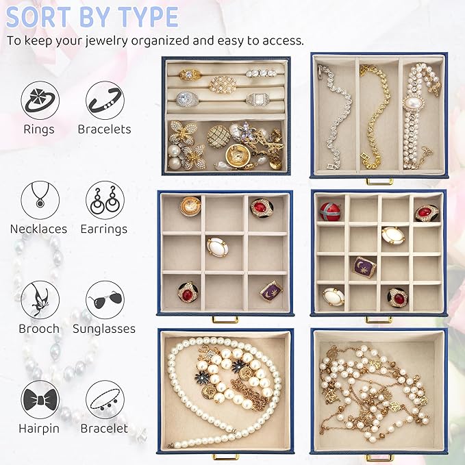 AKOZLIN Jewelry Box Organizer Functional Leather Jewelry Storage Case for Women Girls Ring Necklace Earring Bracelet Holder Organizer with Mirror Blue-CubbioJoy