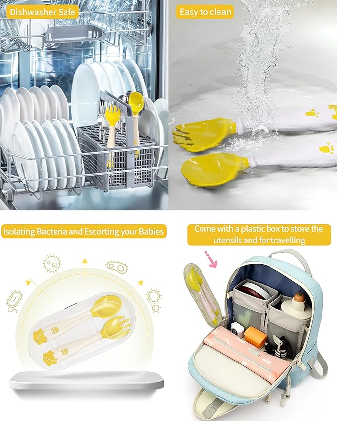 Deejoy Toddler Utensils, Self-feeding Flatware Set withTravel Case, Baby Spoons and Forks with Silicone Bendable Handle, Easy Grip Heat-Resistant, Ideal for Kids, Stage 2 (Yellow)-CubbioJoy