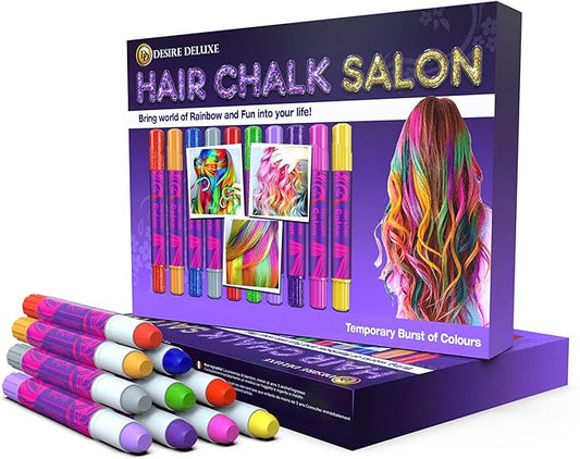 Desire Deluxe Hair Chalk for Girls Makeup Kit of 10 Temporary Colour Pens Gifts, Great Toy for Kids Age 5 6 7 8 9 10 11 12 13 Years Old, "Blue,Green,Grey,Pink,Purple-CubbioJoy
