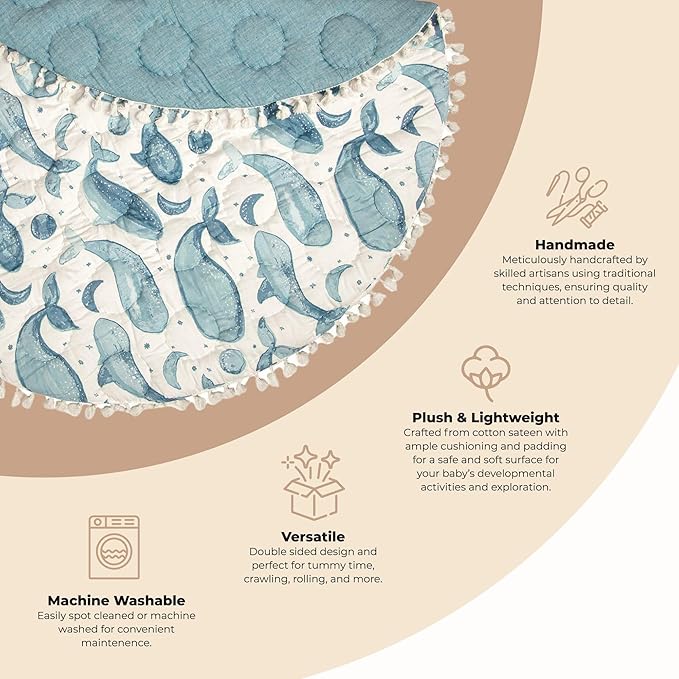 Crane Baby Activity Mat, Baby Play Mat Whale Print, Ocean Nursery Decor for Boys & Girls, Infant Tummy Time Floor, Ocean Nursery Decor, 40" x 40"-CubbioJoy