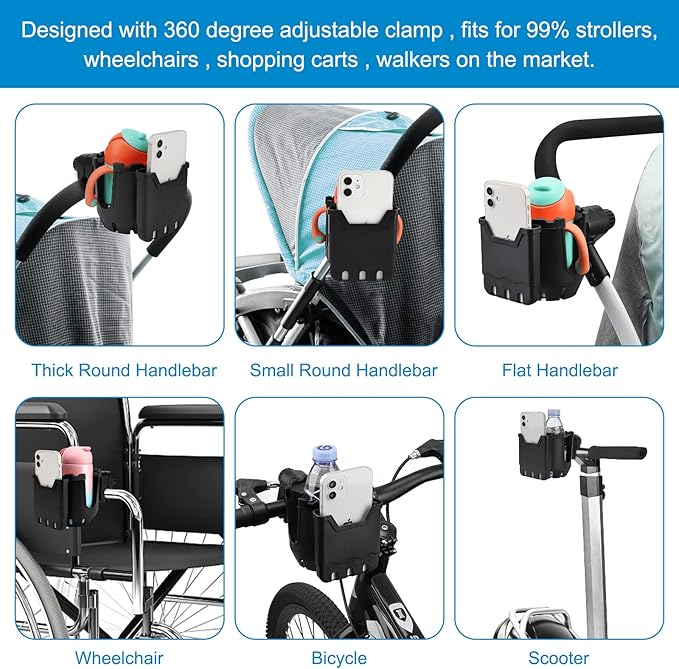 Accmor Stroller Cup Holder with Phone Holder, Universal Cup Holder, Bike Cup Holder, 360° Rotatable Large Caliber Drinks Holder for Stroller, Bike, Wheelchair, Walker-CubbioJoy