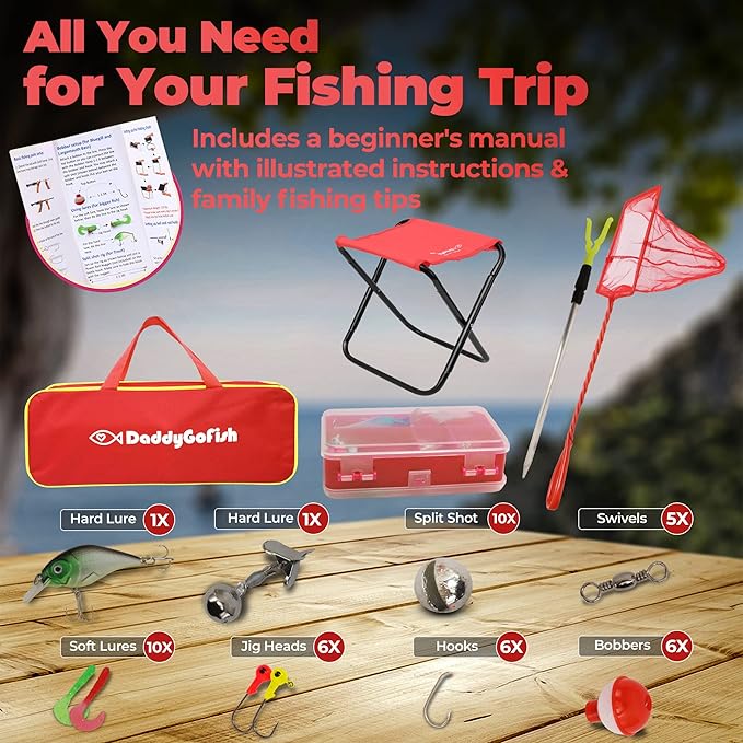 DaddyGoFish Kids Fishing Pole - Rod Reel Combo Tackle Box Starter Set - First Year Small Gear Kit for Boys Girls Toddler Youth Age Beginner Little Children-CubbioJoy