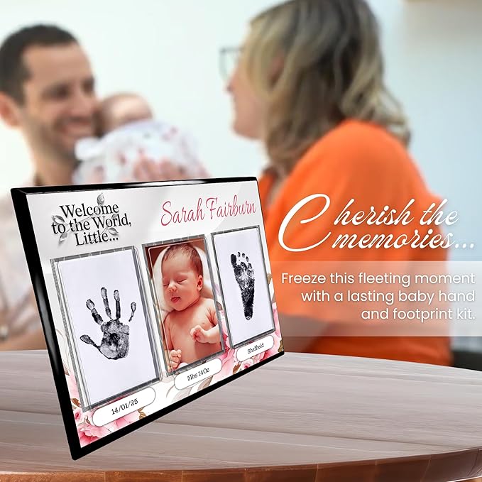 Baby Hand and Footprint Kit with Photo & Birth Details, Inkless Hand and Footprint Kit, Newborn Keepsake Plaque, Baby Shower Gifts (STYLE 1 (Fully Personalized) (Welcome To The World - Baby Girl))-CubbioJoy
