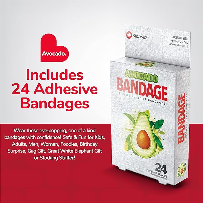 BioSwiss Bandages, Avocado Shaped Self Adhesive Bandage, Latex Free Sterile Wound Care, Fun First Aid Kit Supplies for Kids, 24 Count-CubbioJoy