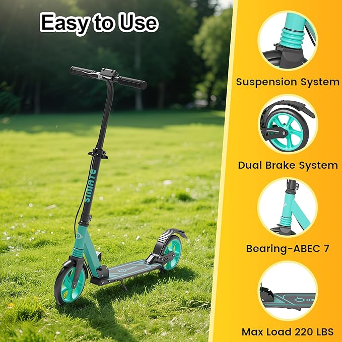 Kick Scooter for Kids Teens & Adults, 4 Adjustable Heights, 8IN All Terrain Big Wheels, Dual Brakes & Dual Suspension, Foldable and Lightweight, Gifts for Girls Boys-CubbioJoy