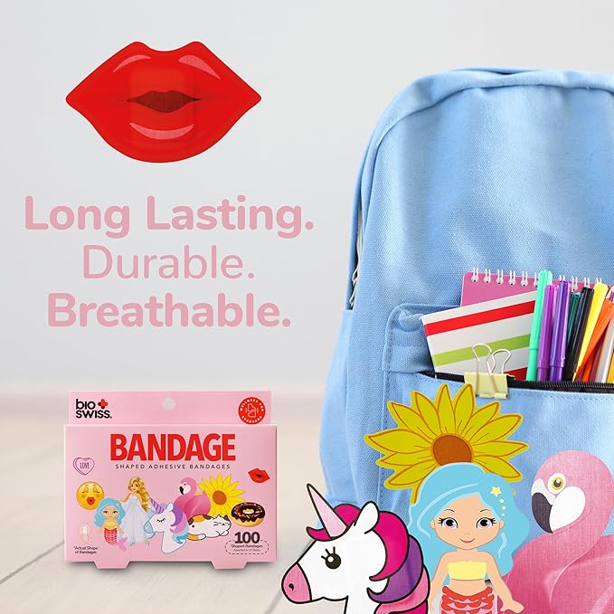 BioSwiss Bandages, Assorted Animal, Fun and Food Shaped Self Adhesive Bandage for Girls, Latex Free Sterile Wound Care, 100 Count-CubbioJoy