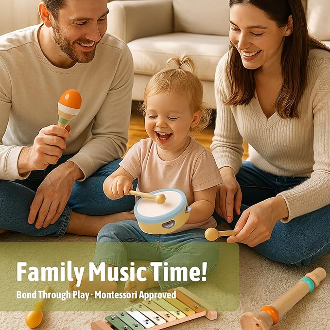 Baby Musical Instruments - Wooden Montessori Toys for Toddlers 1-3, Baby Musical Toys Percussion Instruments Set with Xylophone Tambourine, Neutral Preschool Educational Baby Toys for Boy Girls Gifts-CubbioJoy