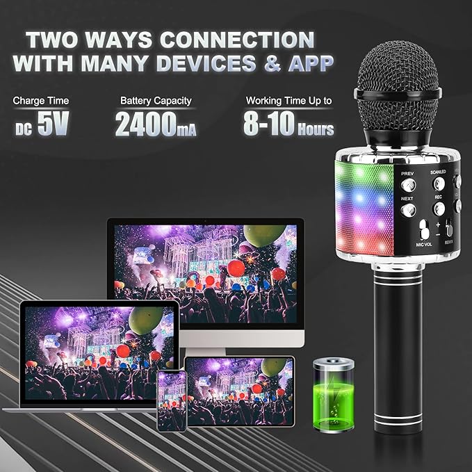 BlueFire 4 in 1 Karaoke Wireless Microphone with LED Lights, Portable Microphone for Kids, Great Gifts Toys for Kids, Girls, Boys and Adults (Black)-CubbioJoy