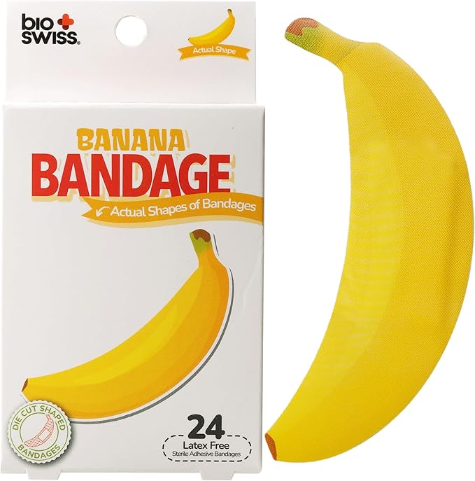BioSwiss Bandages, Banana Shaped Self Adhesive Bandage, Latex Free Sterile Wound Care, Fun First Aid Kit Supplies for Kids, 24 Count-CubbioJoy