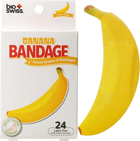 BioSwiss Bandages, Banana Shaped Self Adhesive Bandage, Latex Free Sterile Wound Care, Fun First Aid Kit Supplies for Kids, 24 Count-CubbioJoy