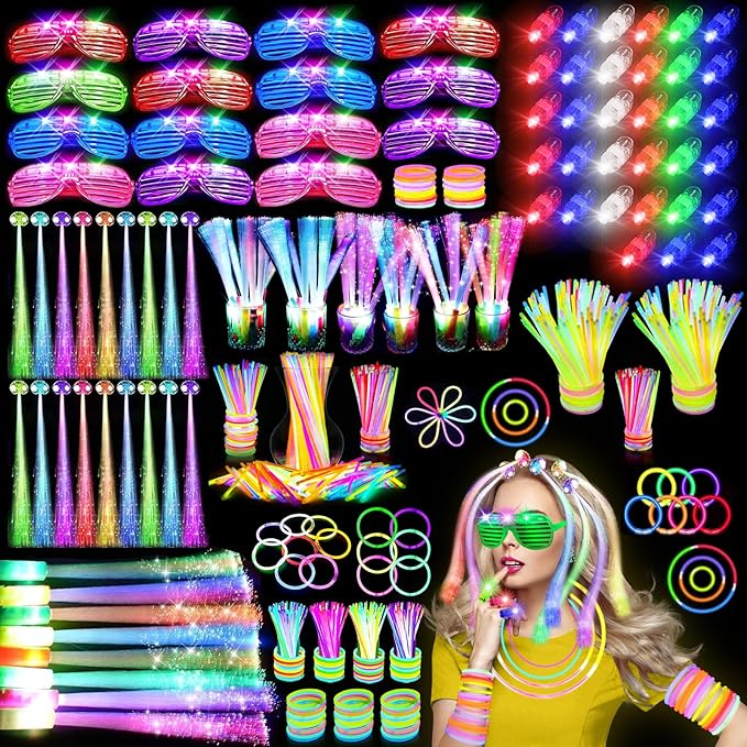 290 PCS Glow in the Dark Party Supplies, 200 Glow Sticks, 24 Fiber Optic Wands, 15 LED Glasses, 33 Finger Lights and 18 LED Hair Clips for Wedding, Birthday, Concert, Raves, New Year-CubbioJoy