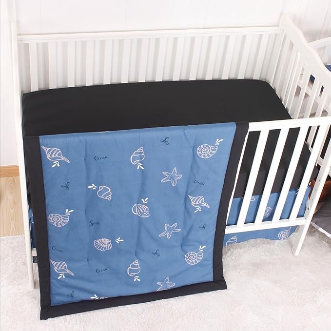 CaSaJa Baby 3-Piece Crib Bedding Set for Boys Girls, Including Soft Quilted Comforter(Blanket), Fitted Crib Sheet and Skirt, Soft Nursery Bedding Set Made of Silky Comfy Materials, Sea Conch-CubbioJoy