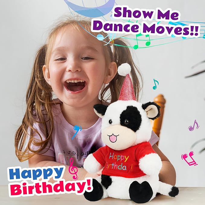 Cuteoy Happy Birthday Cow Musical Stuffed Animal Shaking Singing Dancing Plush Toy Electric Interactive Animated Plushies Gifts for Kids Girls Boys-CubbioJoy