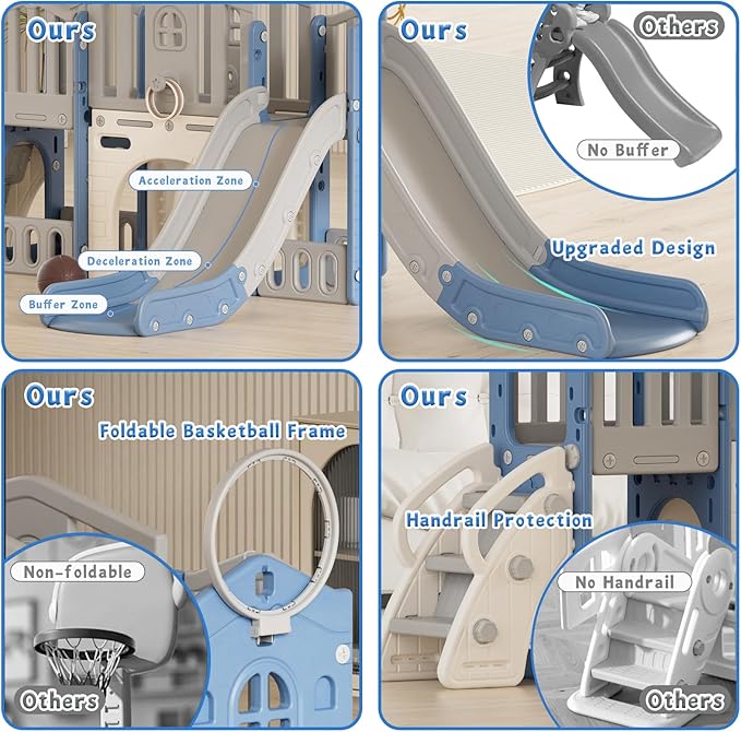 8 in 1 Toddler Slide Set, Kids Slide for Toddlers Age 1-3, Toddler Climber Slide PlaySet with Basketball Hoop and Ball, Outdoor Indoor Kids Playground for Toddlers 1-3, Blue Grey-CubbioJoy