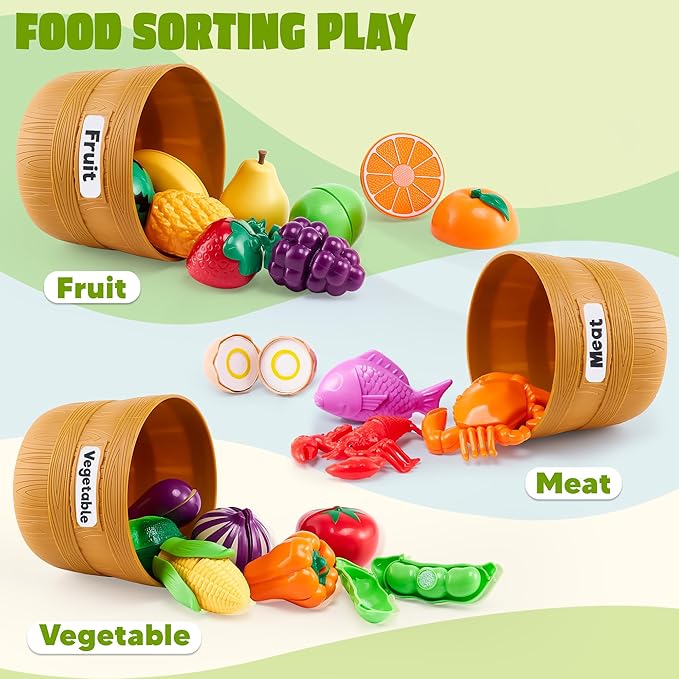 JOYIN Learning Toys Play Food Set for Toddlers, Cutting Food for Preschool Activities, Pretend Play Kitchen Accessories for Kids, Color Sorting Set for Boys & Girls, Daycare Educational Toy-CubbioJoy