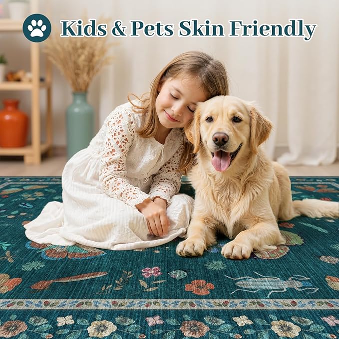 6x9 Rugs for Living Room with Insect Print - Bug Rug Non-Silp Stain Resistant Soft Carpet for Bedroom, Low Pile Ultra-Thin Machine Washable Carpet for Dining Room, Kids Nursery, Office (6'x9' Teal)-CubbioJoy