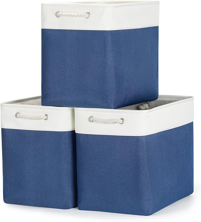 Bidtakay Extra Large Storage Baskets for Shelves 3 Pack Fabric Storage Bins for Organizing Linen Collapsible Organizer for Closet-White&Blue-CubbioJoy