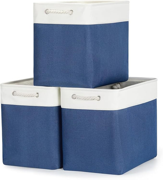 Bidtakay Extra Large Storage Baskets for Shelves 3 Pack Fabric Storage Bins for Organizing Linen Collapsible Organizer for Closet-White&Blue-CubbioJoy