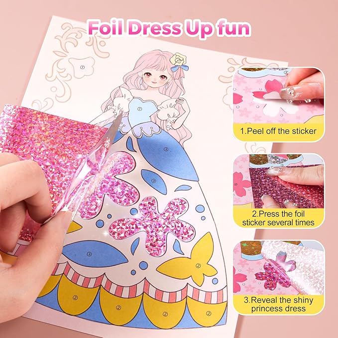 4 in 1 Princess Art Craft Kits, Foil Crafts Art Fun & Gem Painting, Makeup Diamond DIY Activity, Dress Up Sticker Books,Travel Toys, Ideal Toys for Girls Ages 6 7 8+ Years Old-CubbioJoy