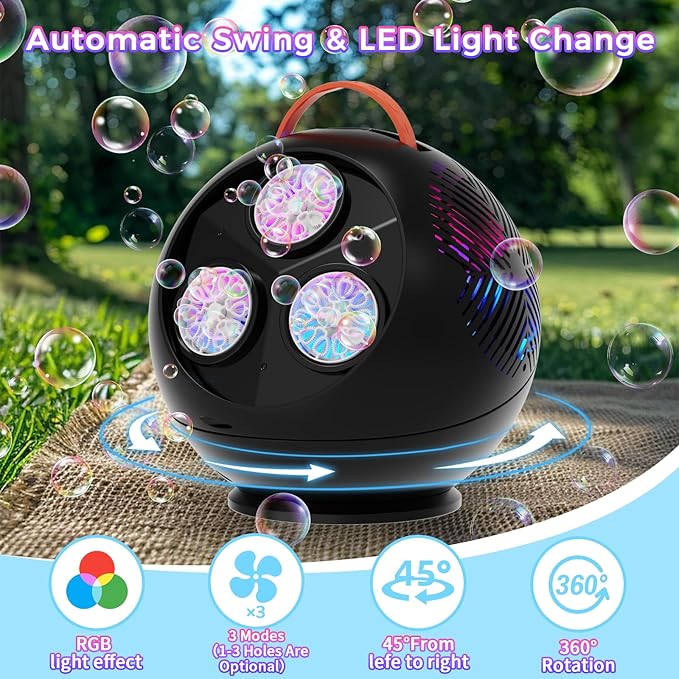 Bubble Machine Automatic Bubble Blower for Kids Toddlers Rechargeable Portable Spherical LED Bubble Maker Electric Auto Rotating 45°/360° Outdoor Toy Birthday Party Wedding (Spherical Black)-CubbioJoy