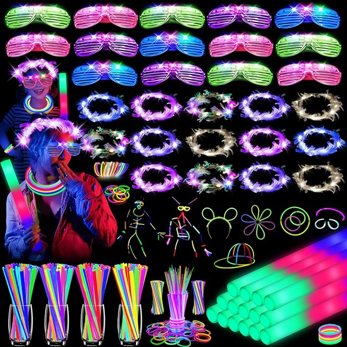 142 PCS Glow in the Dark Party Supplies, 14PCS Foam Glow Sticks, 14PCS Light Up Headband,14PCS LED Glasses and 100PCS Glow Sticks Bracelets,for Glow Party, New Year, Wedding, Concert, Birthday-CubbioJoy