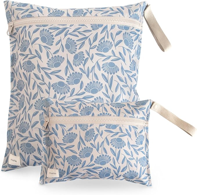 mushie Water Resistant Wet Bags | Large & Small Reusable Storage Bag for Baby Items and Travel | Zippered Pockets with Handle | Machine Washable, Set of 2 (Blue Flowers)-CubbioJoy