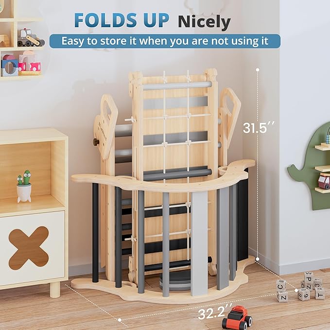 BlueWood 10-in-1 Pikler Triangle Set, Toddler Climbing Toys Indoor, Montessori Climber, Baby Jungle Gyms with Arch, Extra Rope Ladder & Footprint Balance Beam - Grey Twilight-CubbioJoy