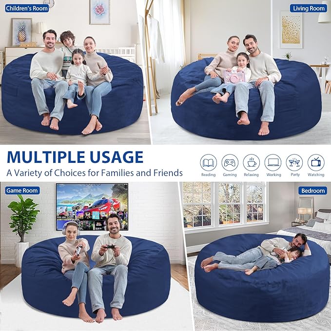 6FT Bean Bag Chair, Large Bean Bag Chairs with Memory Foam Filled, Fluffy Beanbag Sofa with Dutch Velvet Cover, Round BeanBag Chairs for Living Room, Playroom - Blue-CubbioJoy